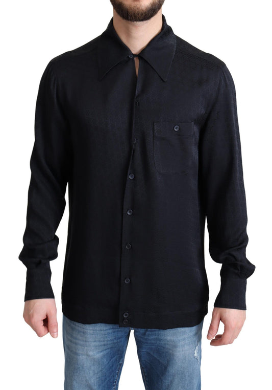 Dolce & Gabbana Black Jacquard Silk Casual Button Down Shirt Dolce & Gabbana