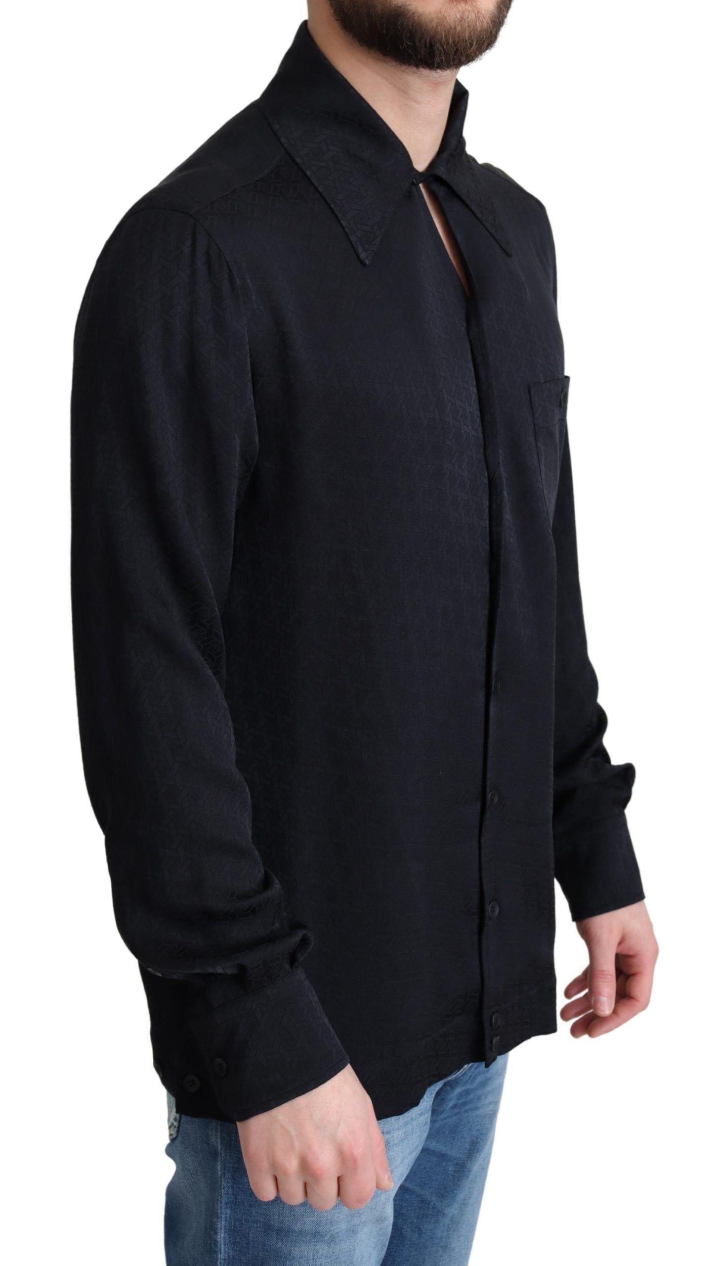 Dolce & Gabbana Black Jacquard Silk Casual Button Down Shirt Dolce & Gabbana