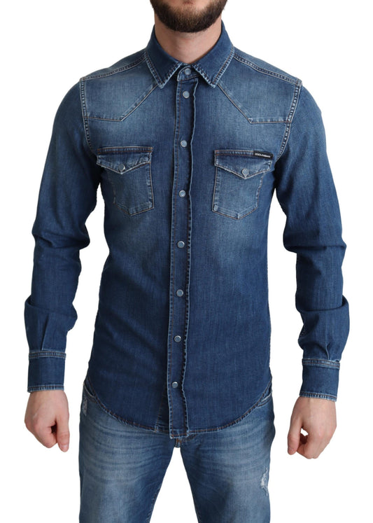Dolce & Gabbana Blue Cotton Stretch Long Sleeves Denim Shirt Dolce & Gabbana