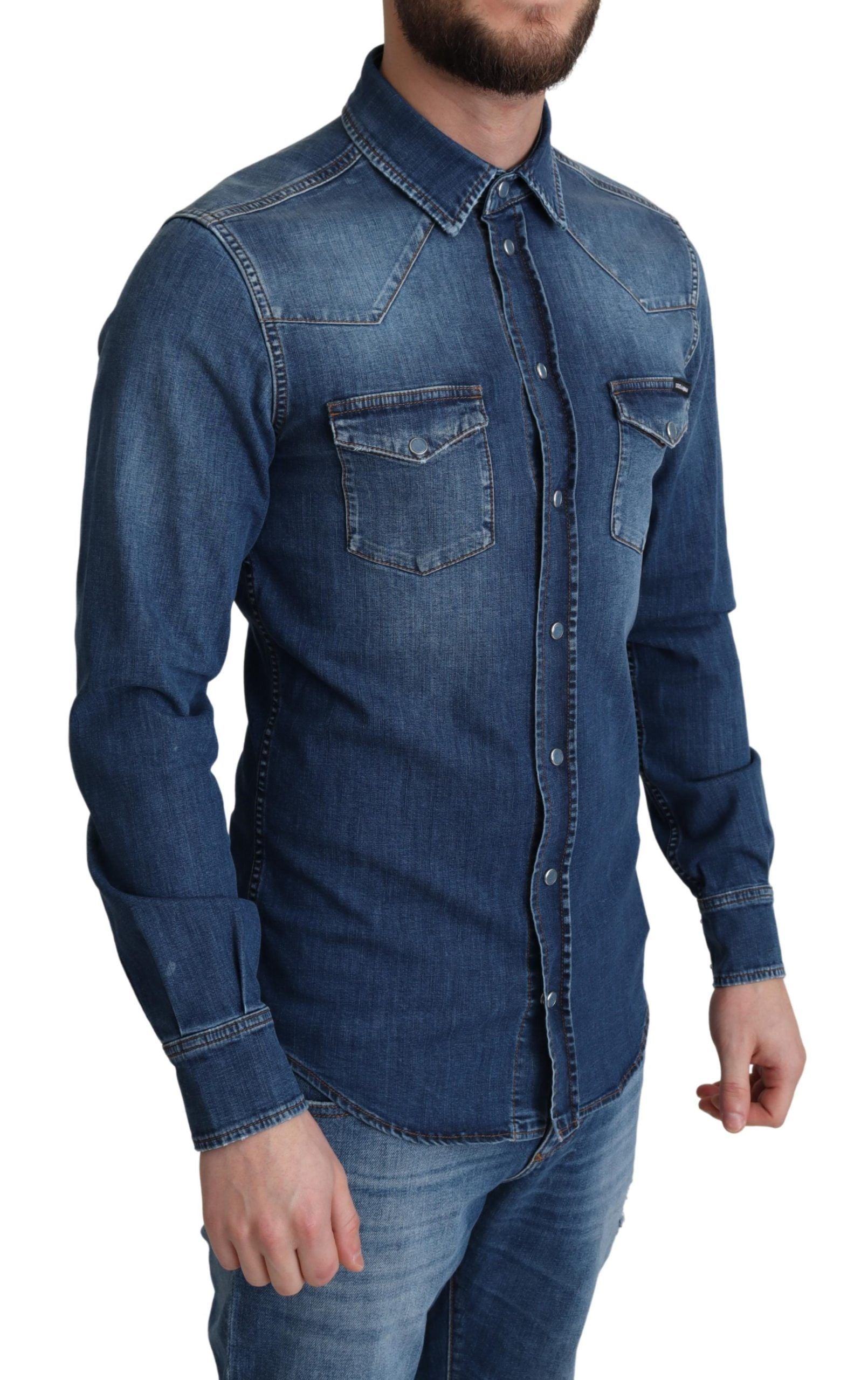 Dolce & Gabbana Blue Cotton Stretch Long Sleeves Denim Shirt Dolce & Gabbana