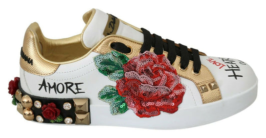 Dolce & Gabbana White Roses Sequined Crystal Womens Sneakers Shoes Dolce & Gabbana