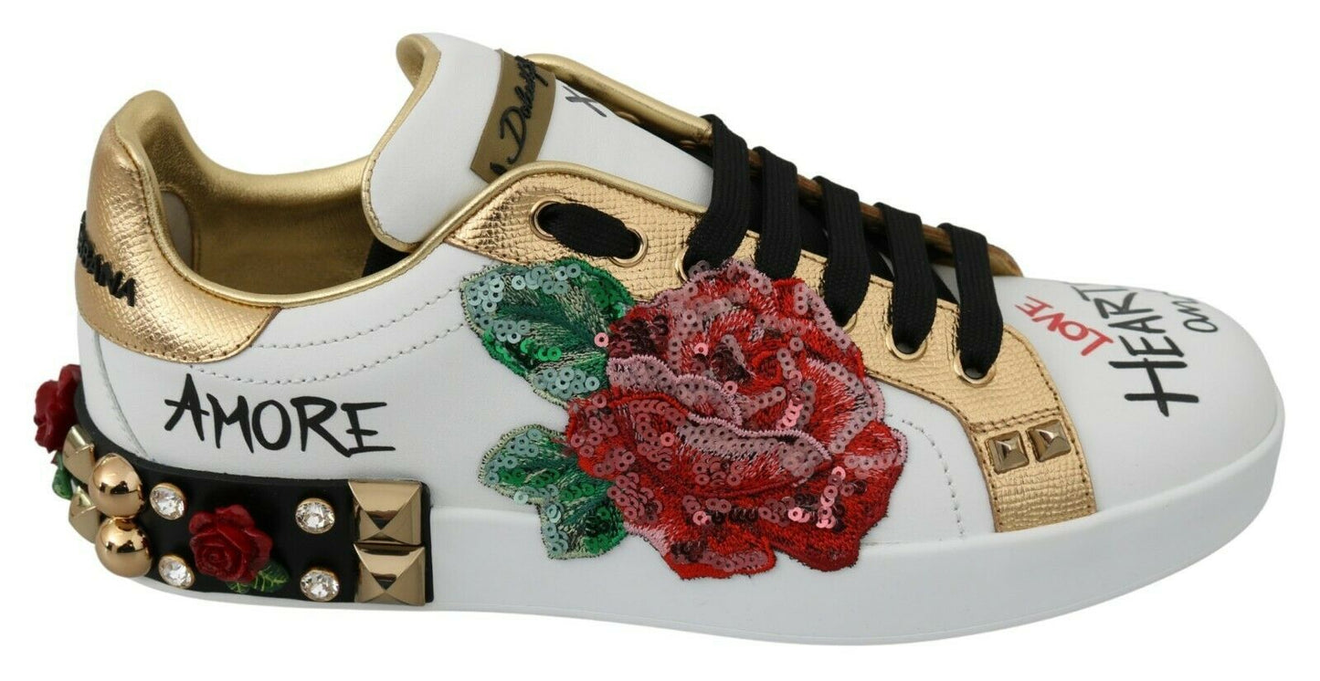 Dolce & Gabbana White Roses Sequined Crystal Womens Sneakers Shoes Dolce & Gabbana