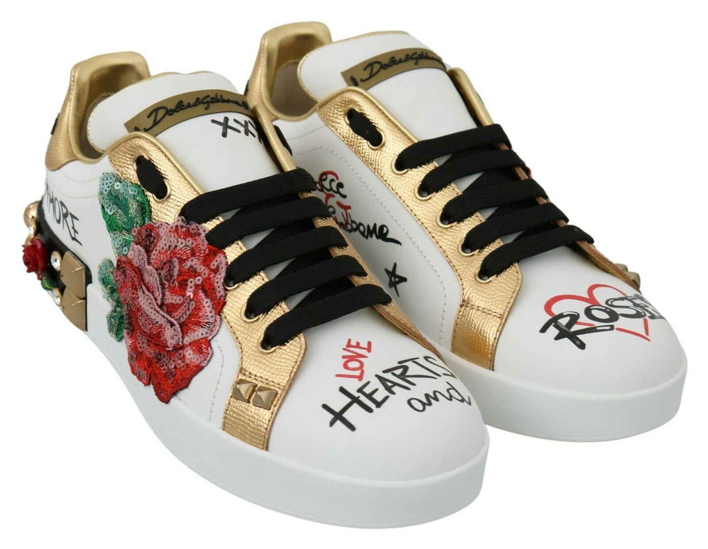 Dolce & Gabbana White Roses Sequined Crystal Womens Sneakers Shoes Dolce & Gabbana