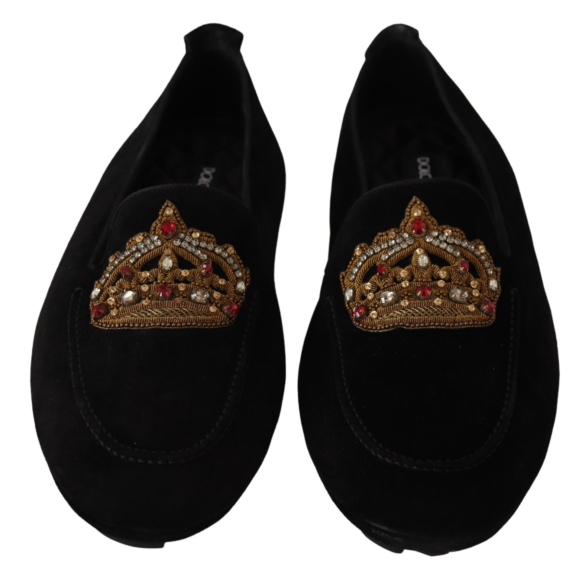 Dolce & Gabbana Black Leather Crystal Gold Crown Loafers Shoes Dolce & Gabbana