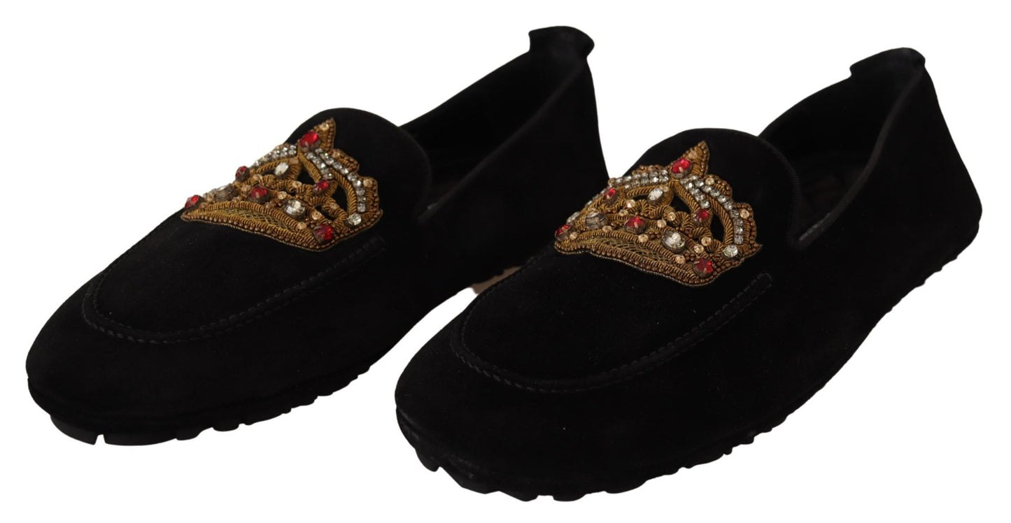 Dolce & Gabbana Black Leather Crystal Gold Crown Loafers Shoes Dolce & Gabbana