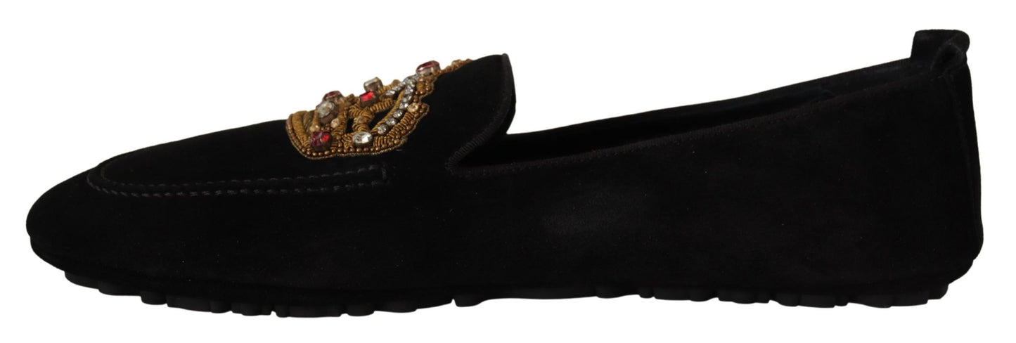 Dolce & Gabbana Black Leather Crystal Gold Crown Loafers Shoes Dolce & Gabbana