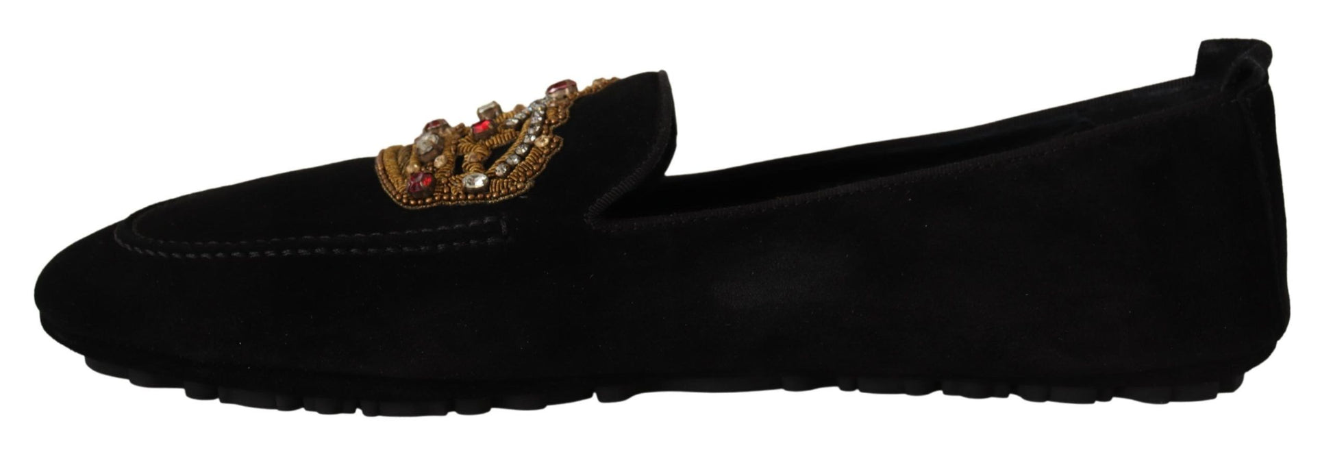 Dolce & Gabbana Black Leather Crystal Gold Crown Loafers Shoes Dolce & Gabbana