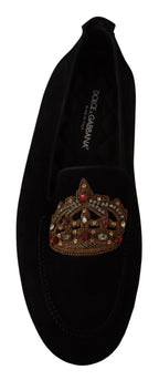 Dolce & Gabbana Black Leather Crystal Gold Crown Loafers Shoes