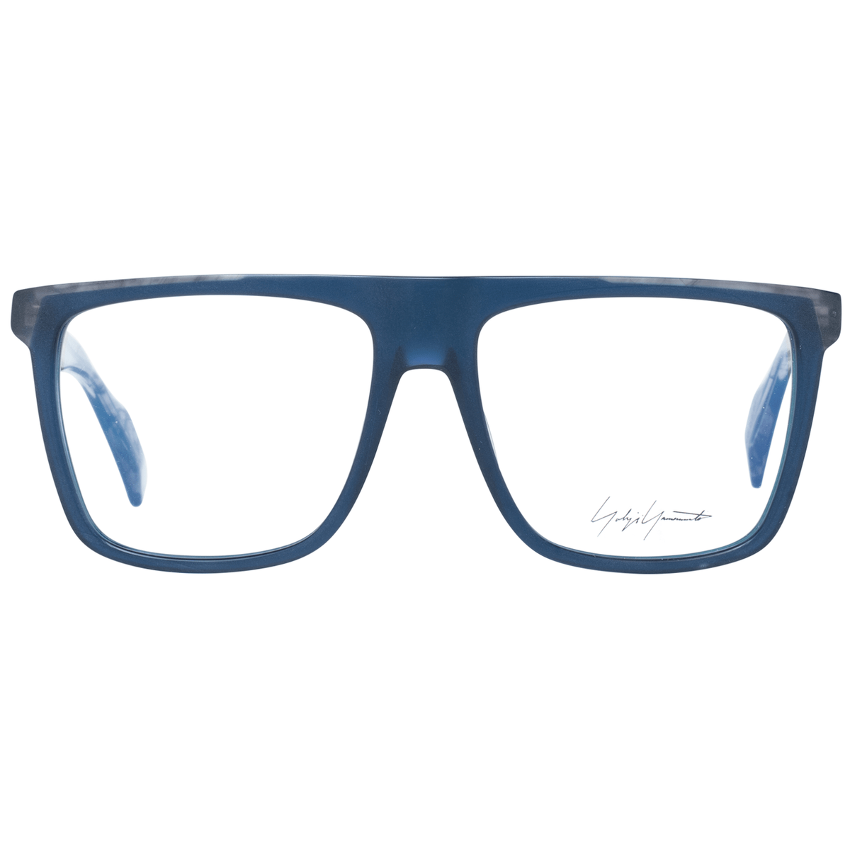 Yohji Yamamoto blue plastic eyeglass frames with sleek design and rounded edges, showcasing modern eyewear style.