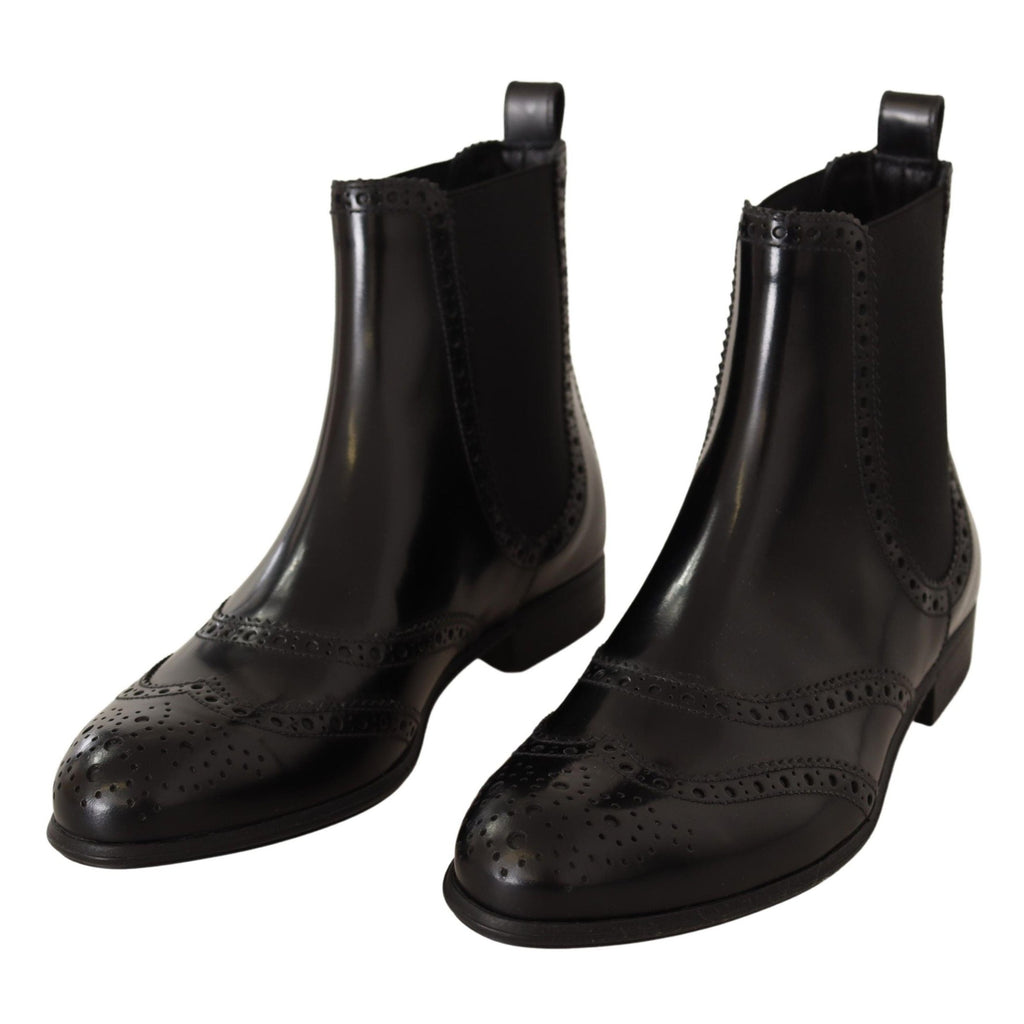 Dolce & Gabbana Black Leather Ankle High Flat Boots Shoes