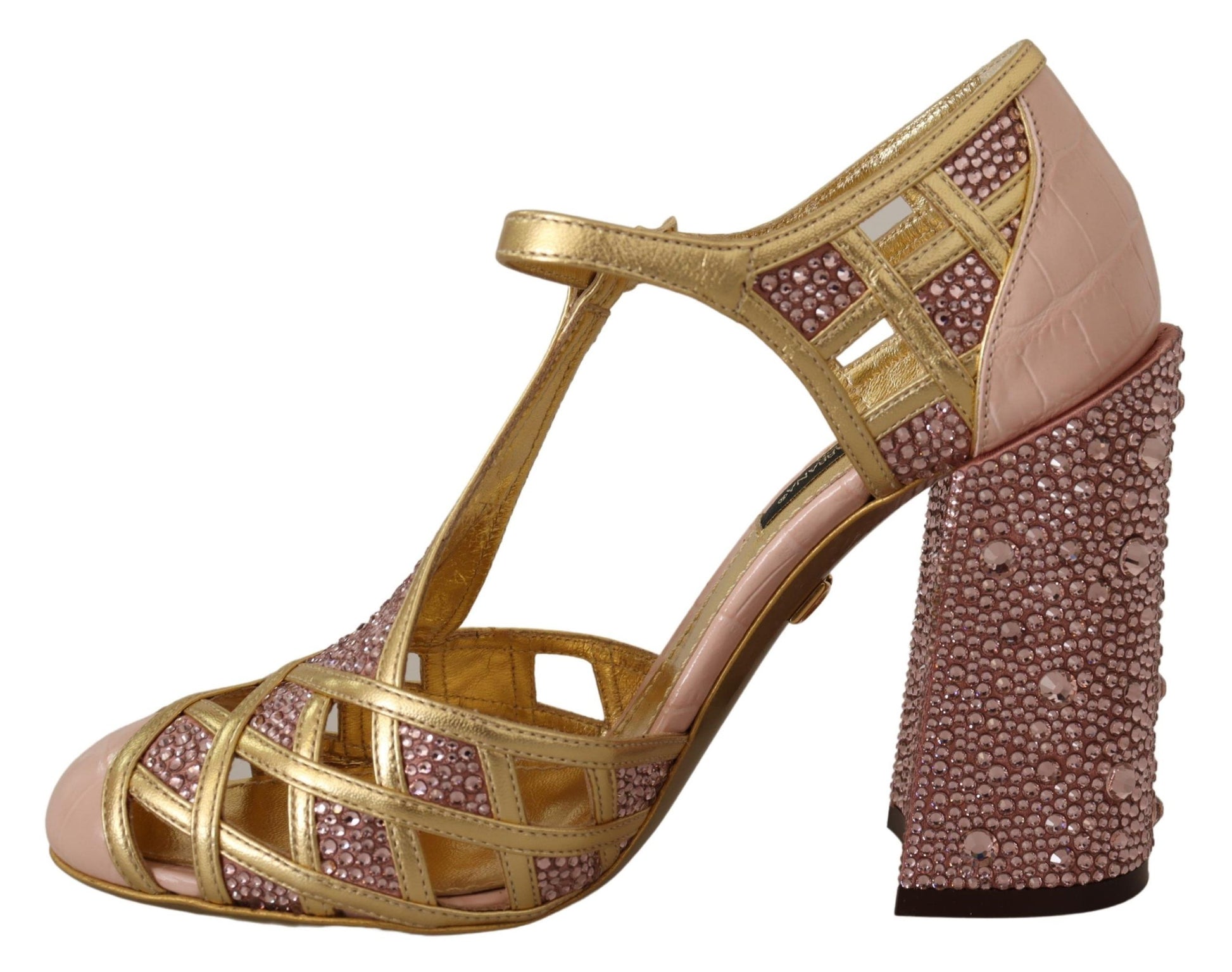 Dolce & Gabbana Pink Gold Leather Crystal Pumps T-strap Shoes Dolce & Gabbana