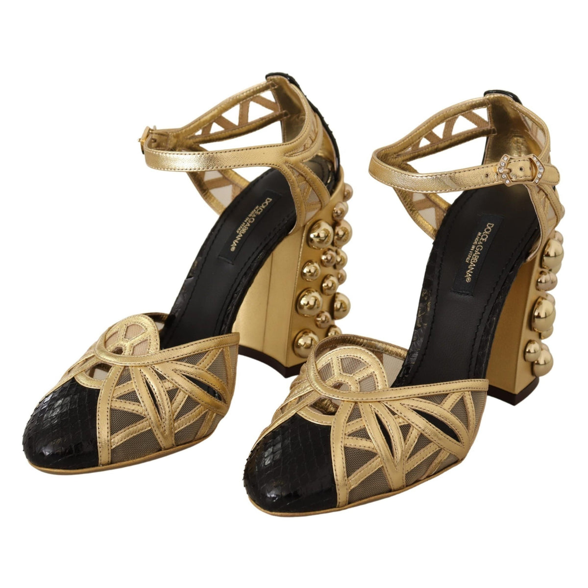 Dolce & Gabbana black leather ankle strap shoes with gold accents and studded details, stylish and elegant footwear.