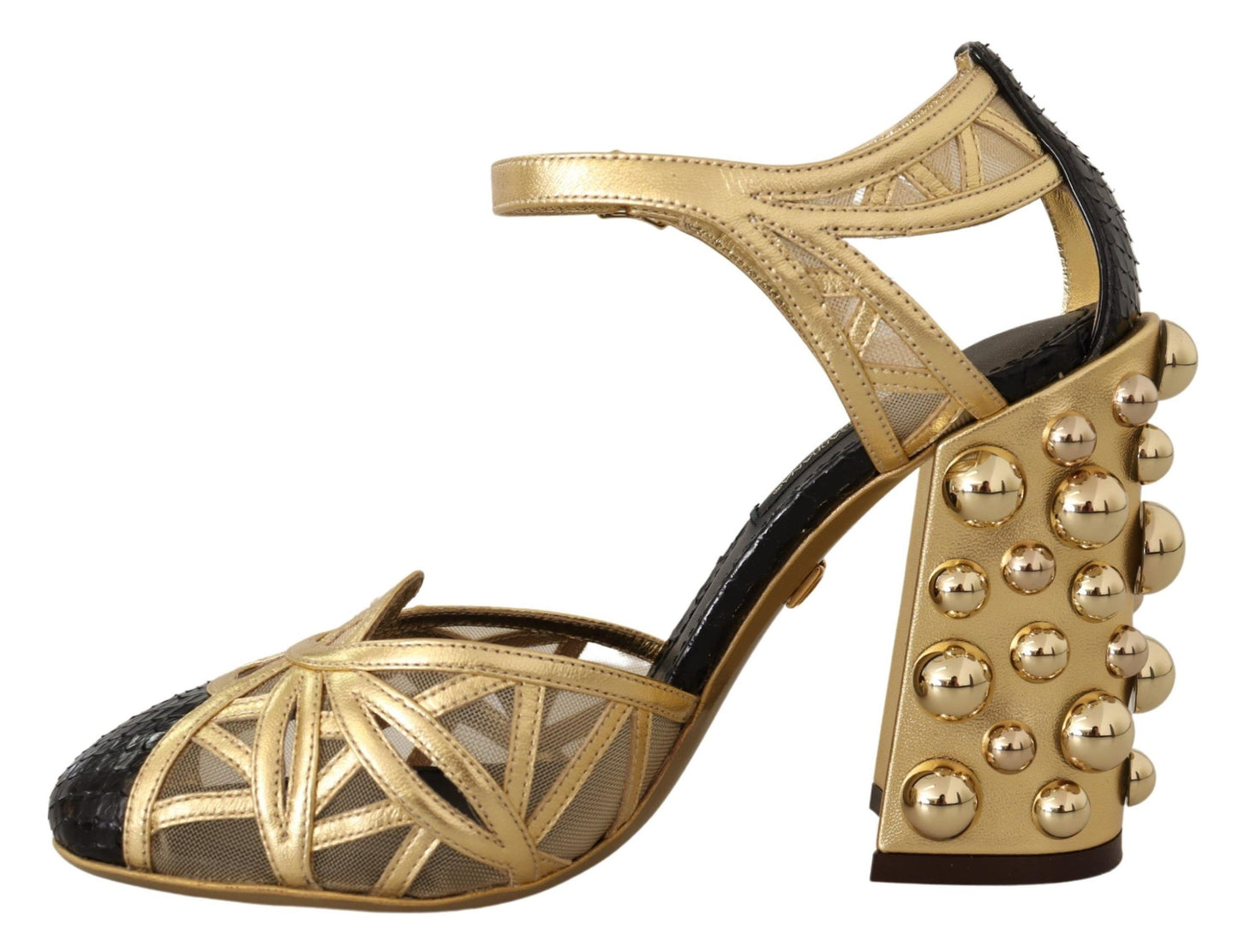 Dolce & Gabbana Black Gold Leather Studded Ankle Straps Shoes Dolce & Gabbana
