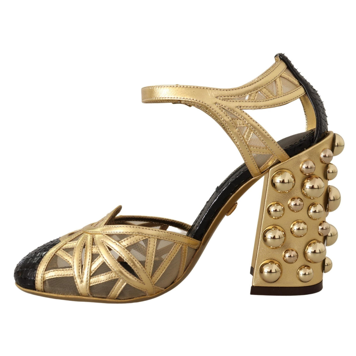 Dolce & Gabbana black leather ankle strap shoes with gold accents and studded detailing, stylish and elegant footwear.