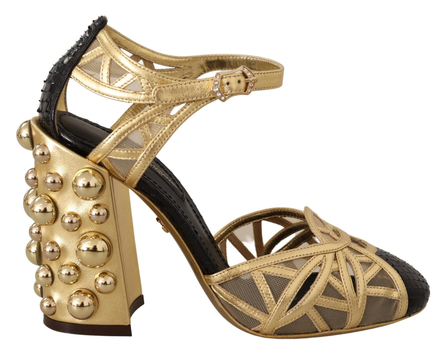 Dolce & Gabbana Black Gold Leather Studded Ankle Straps Shoes Dolce & Gabbana