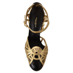 Dolce & Gabbana black leather ankle strap shoes with gold accents and studded details, stylish high-heeled footwear.