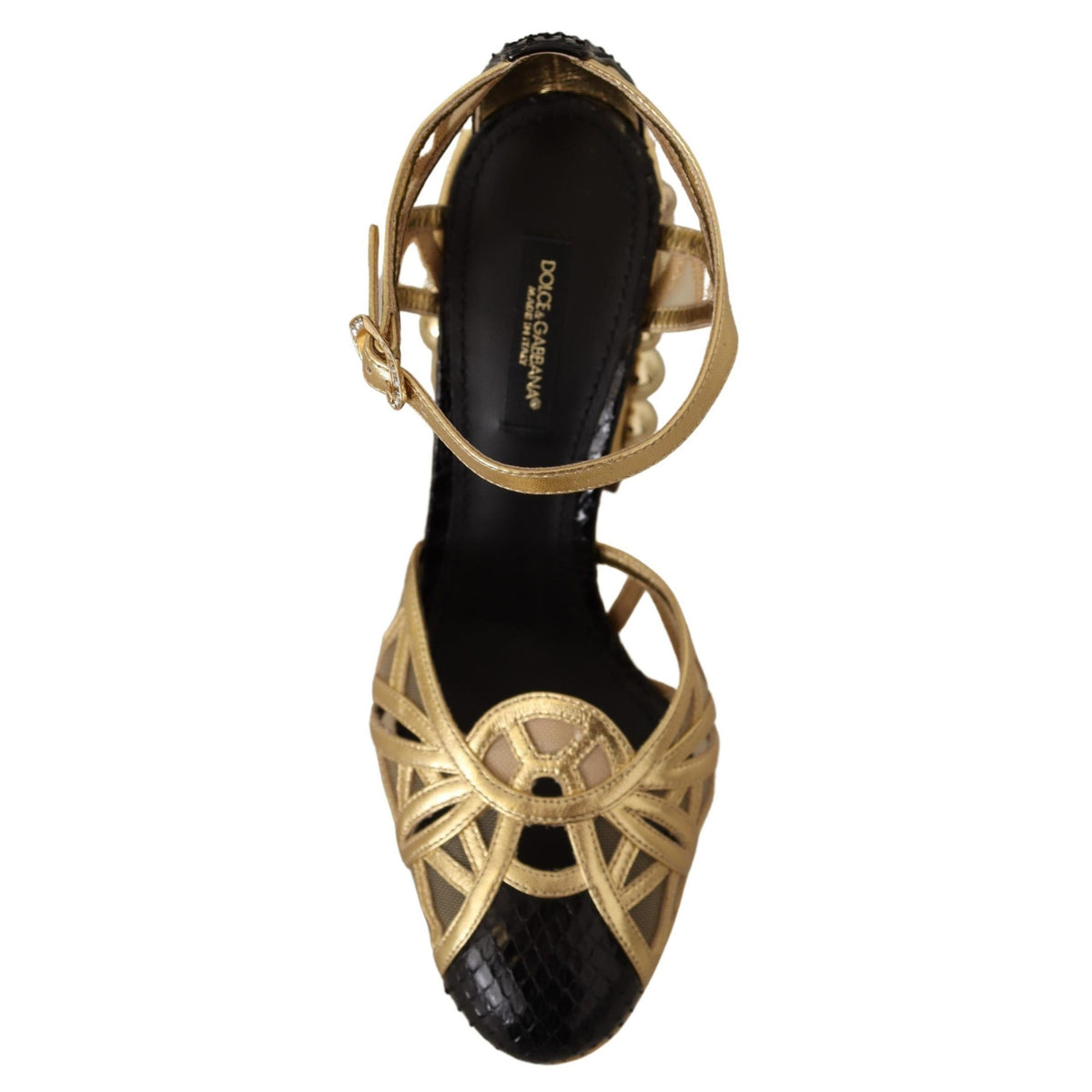 Dolce & Gabbana black leather ankle strap shoes with gold accents and studded details, stylish high-heeled footwear.