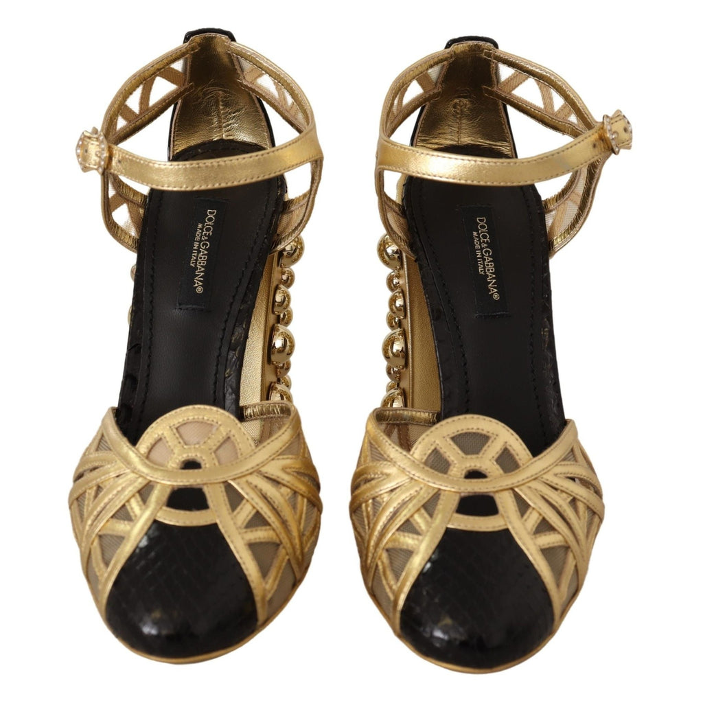 Dolce & Gabbana black leather ankle strap shoes with gold accents and studded details, stylish footwear for women.