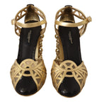 Dolce & Gabbana black leather ankle strap shoes with gold accents and studded details, stylish footwear for women.