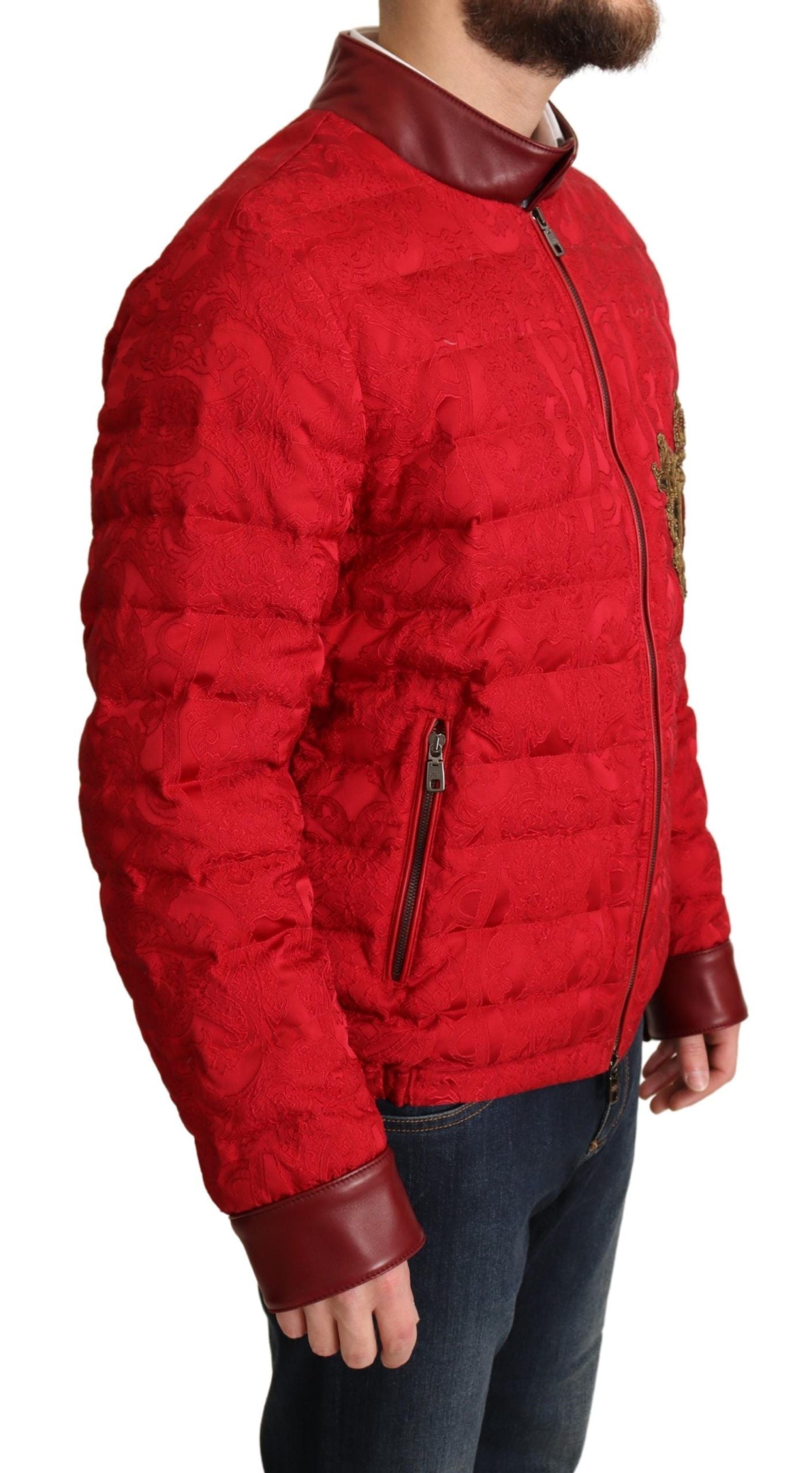 Dolce & Gabbana Red Brocade Bomber Gold Crown Logo Coat Jacket Dolce & Gabbana