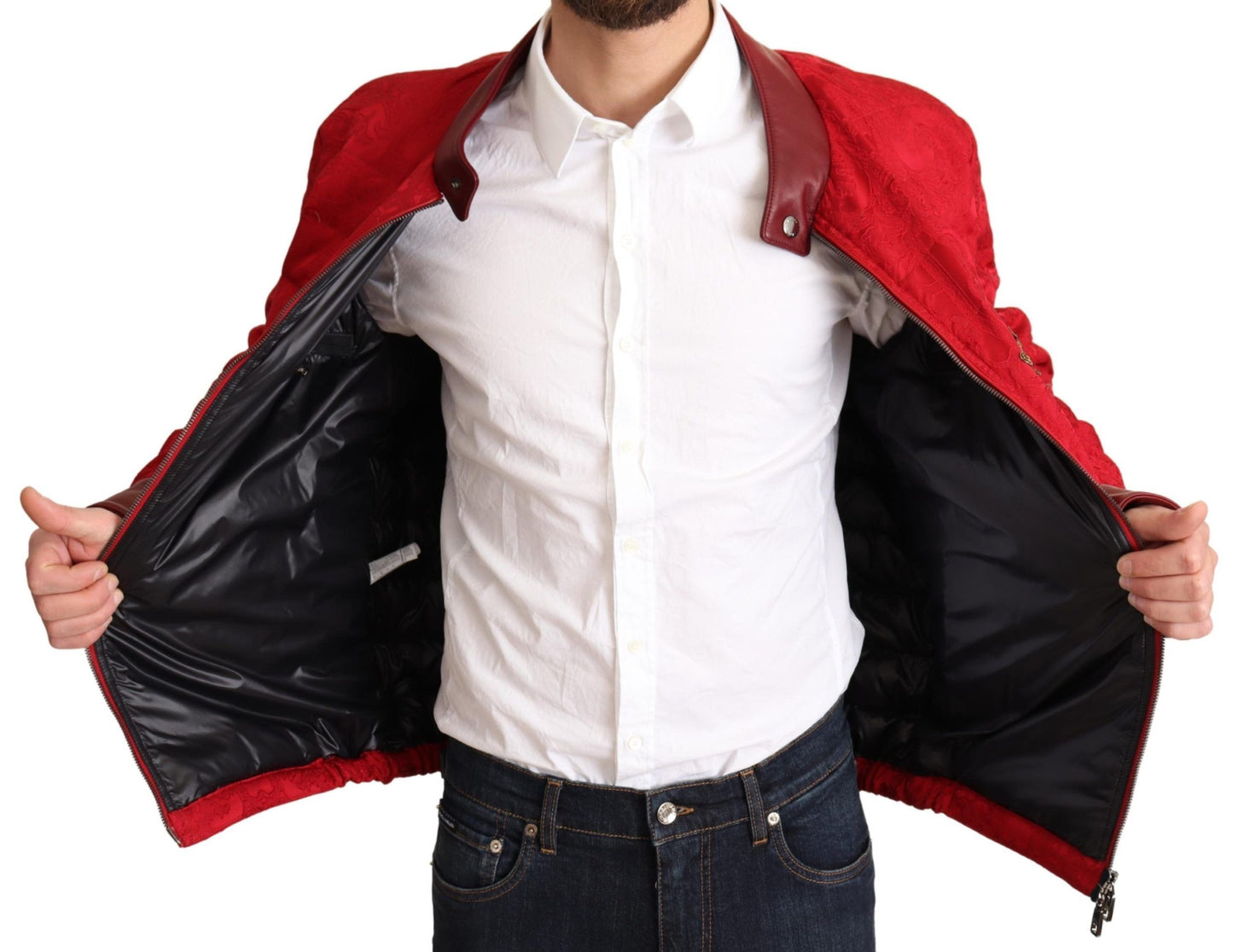 Dolce & Gabbana Red Brocade Bomber Gold Crown Logo Coat Jacket Dolce & Gabbana