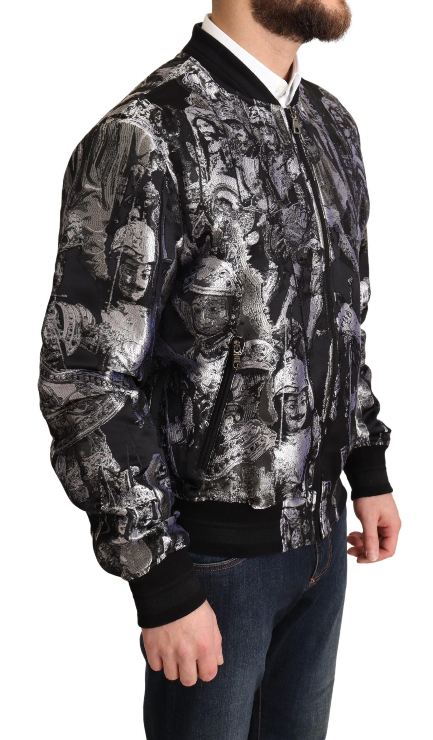 Dolce & Gabbana Black Silver Puppi Motive Bomber Jacket Dolce & Gabbana