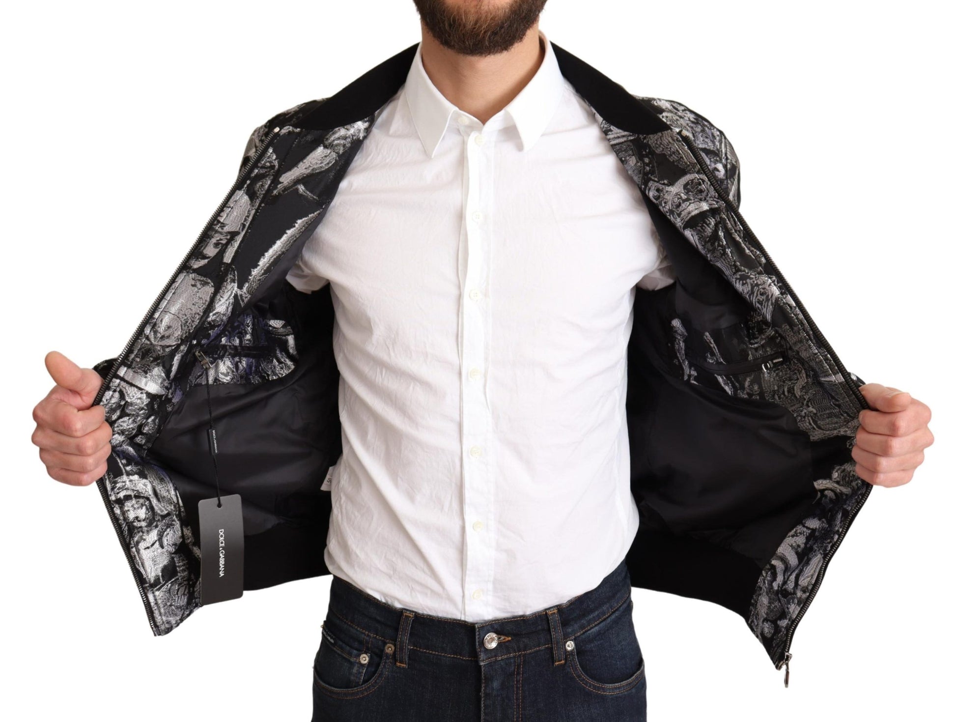 Dolce & Gabbana Black Silver Puppi Motive Bomber Jacket Dolce & Gabbana