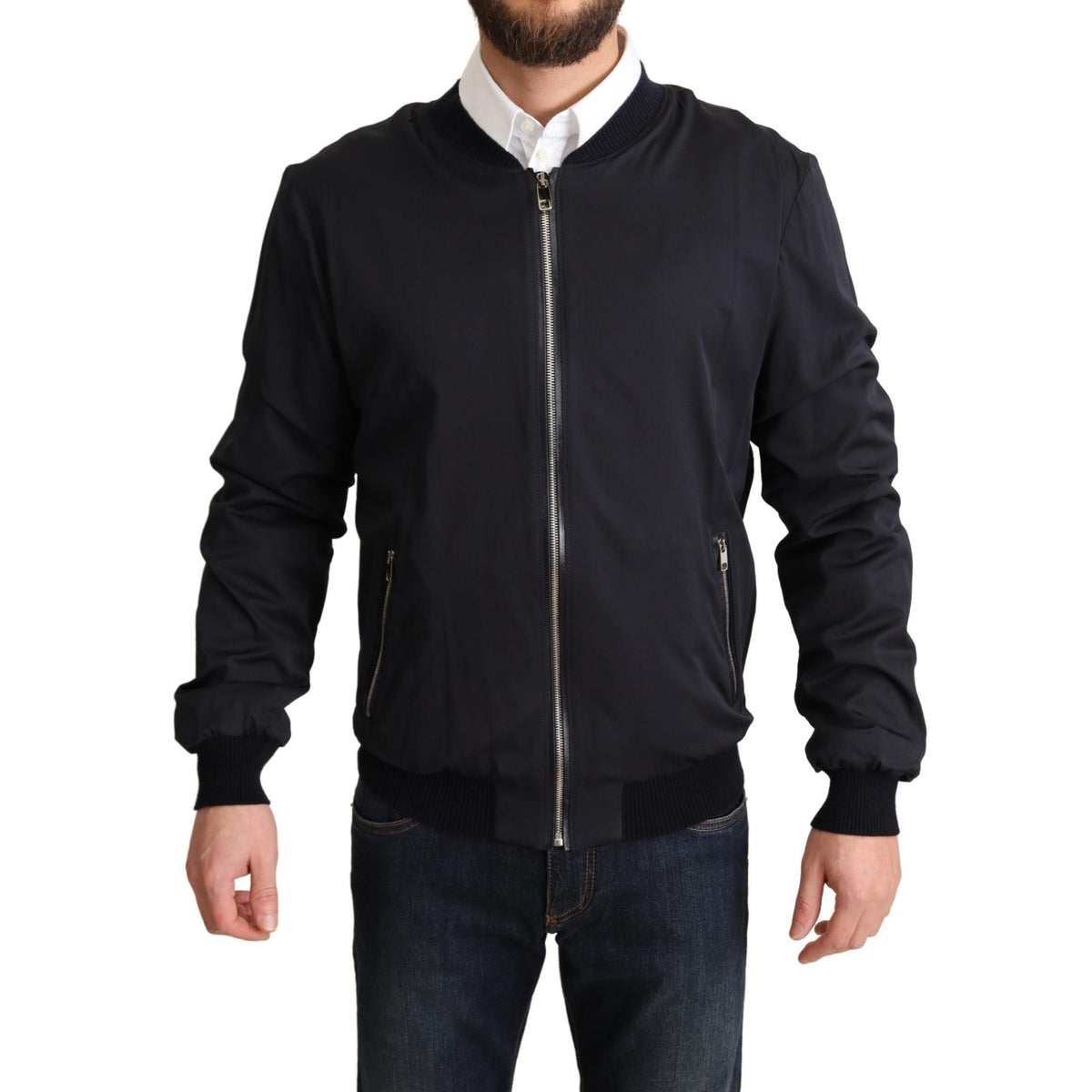 Dolce & Gabbana Blue Silk Coat Short Bomber Men Jacket