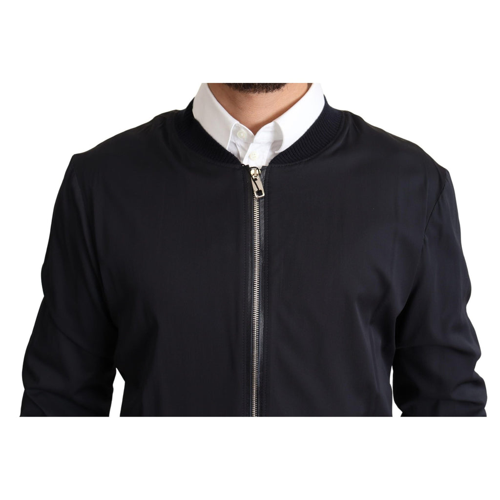 Dolce & Gabbana Blue Silk Coat Short Bomber Men Jacket