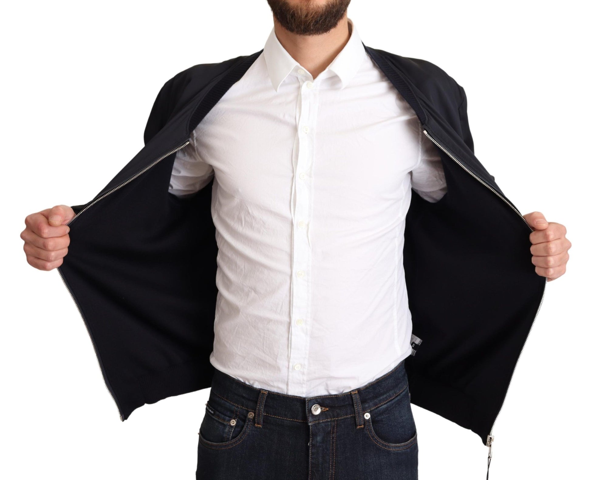 Dolce & Gabbana Blue Silk Coat Short Bomber Men Jacket Dolce & Gabbana