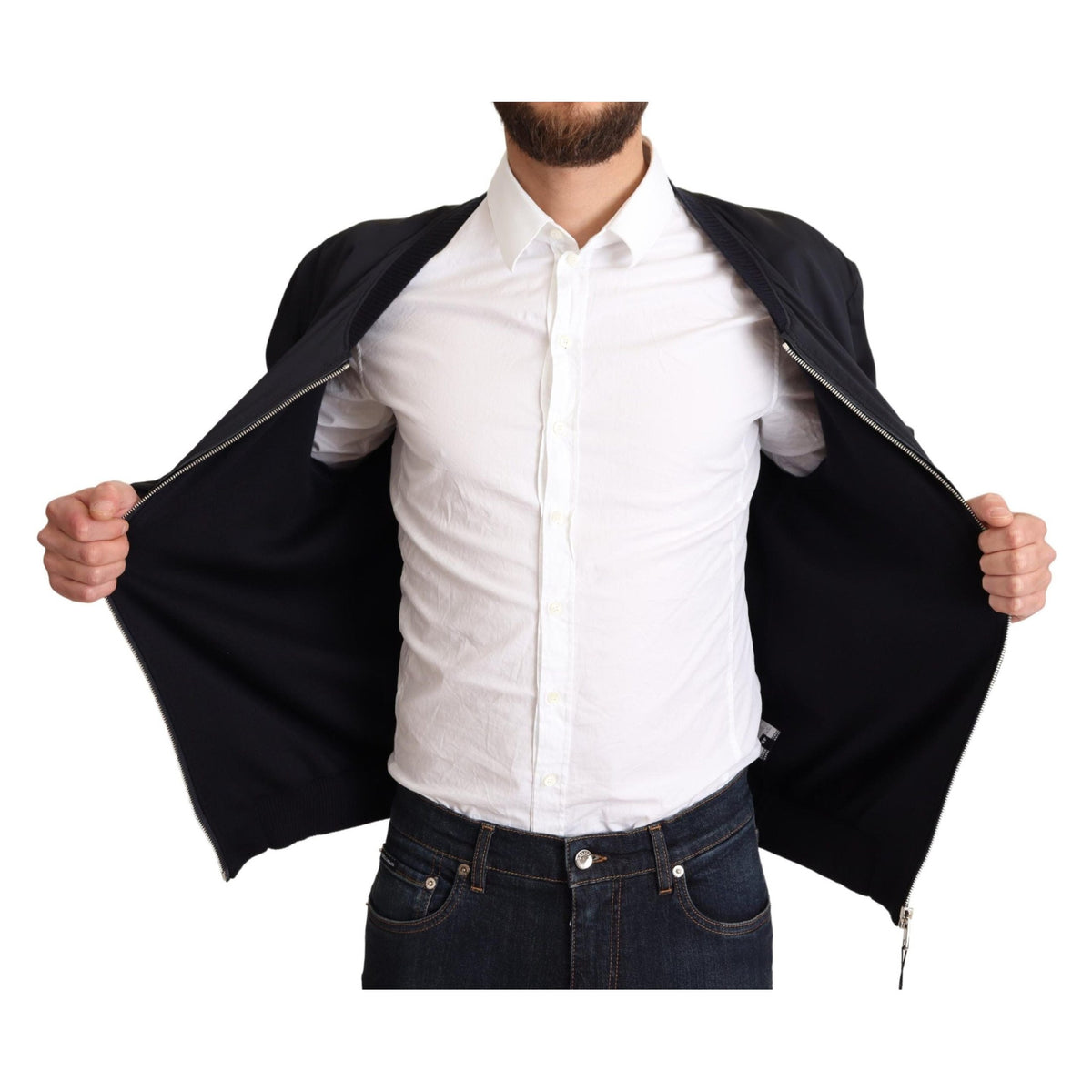 Dolce & Gabbana Blue Silk Coat Short Bomber Men Jacket