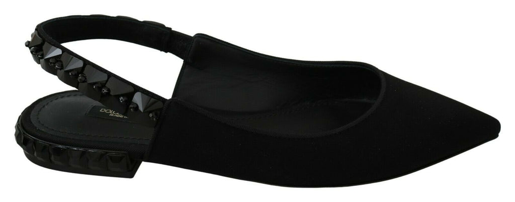Dolce & Gabbana black slingback flats with charmeuse fabric, featuring a sleek and elegant design for stylish wear.