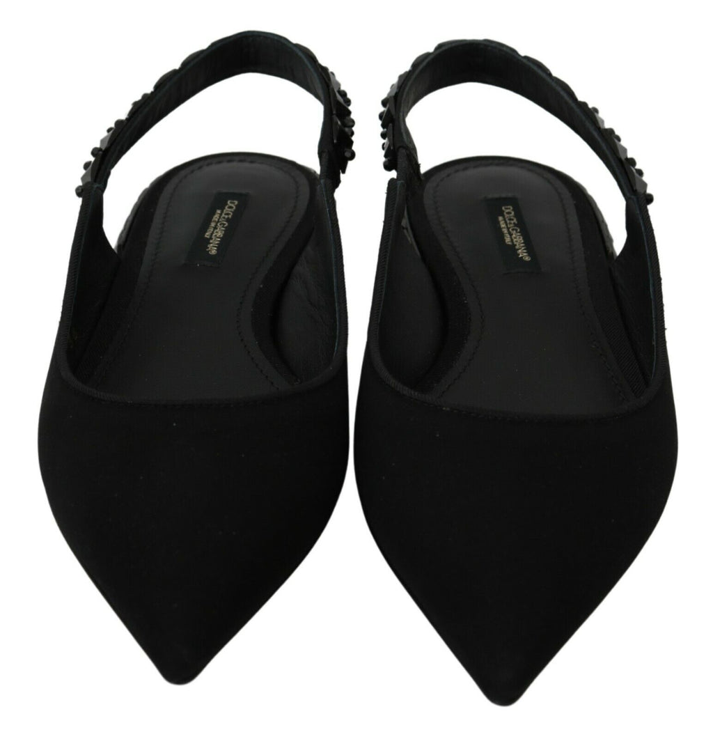 Dolce & Gabbana black slingback flats made of charmeuse fabric, featuring a sleek, elegant design and pointed toe.
