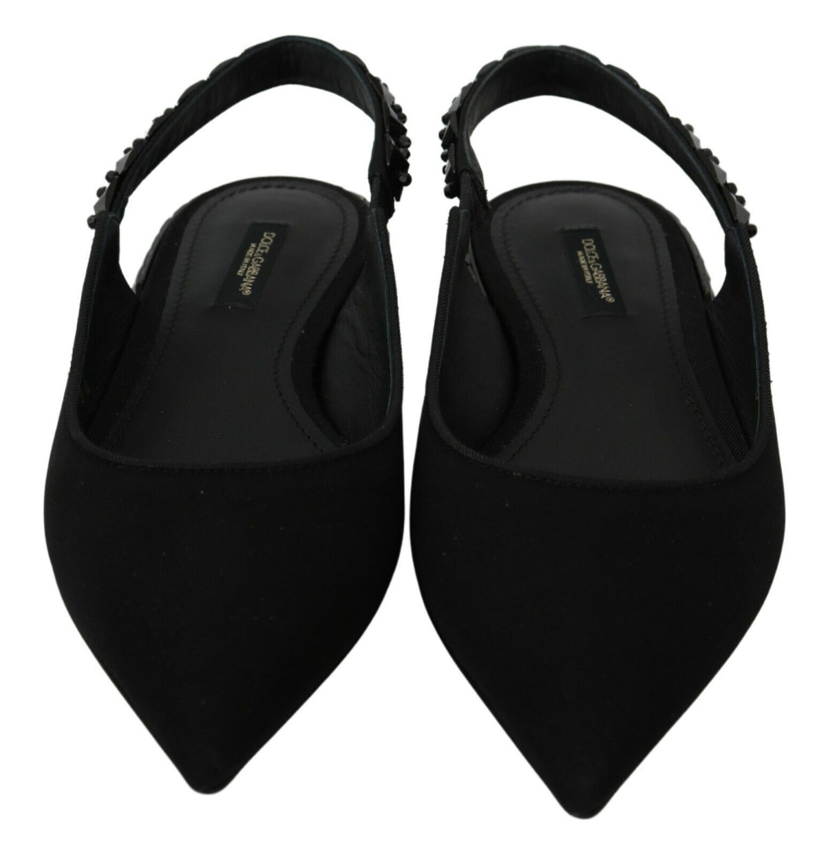 Dolce & Gabbana black slingback flats made of charmeuse fabric, featuring a sleek, elegant design and pointed toe.