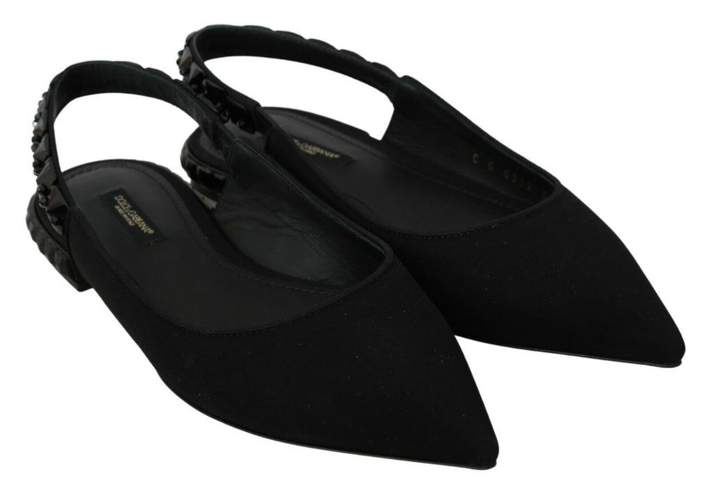 Dolce & Gabbana black slingback flats with charmeuse fabric and pointed toe, stylish and elegant footwear.