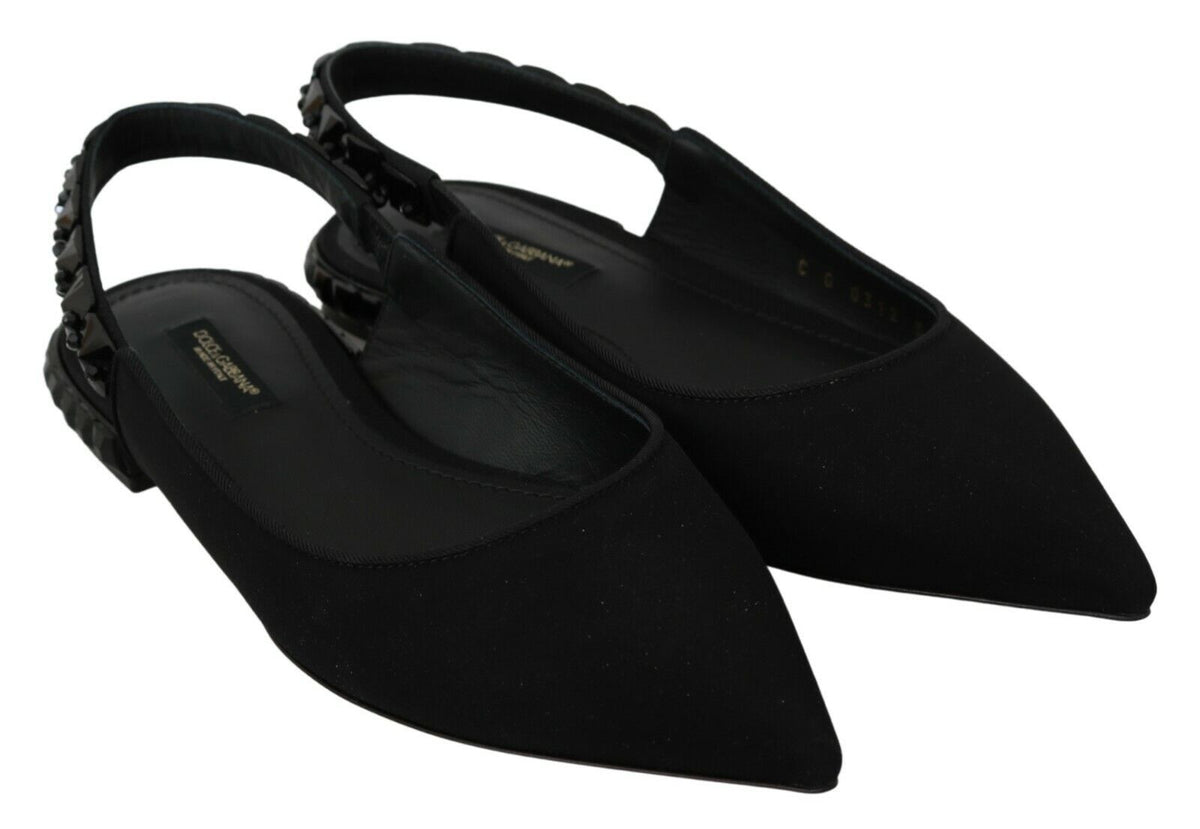 Dolce & Gabbana black slingback flats with charmeuse fabric and pointed toe, stylish and elegant footwear.