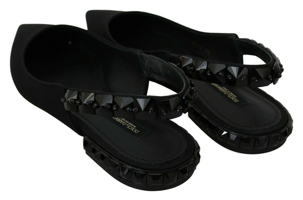 Dolce & Gabbana black slingback flats with charmeuse fabric, featuring a sleek and elegant design perfect for stylish footwear.