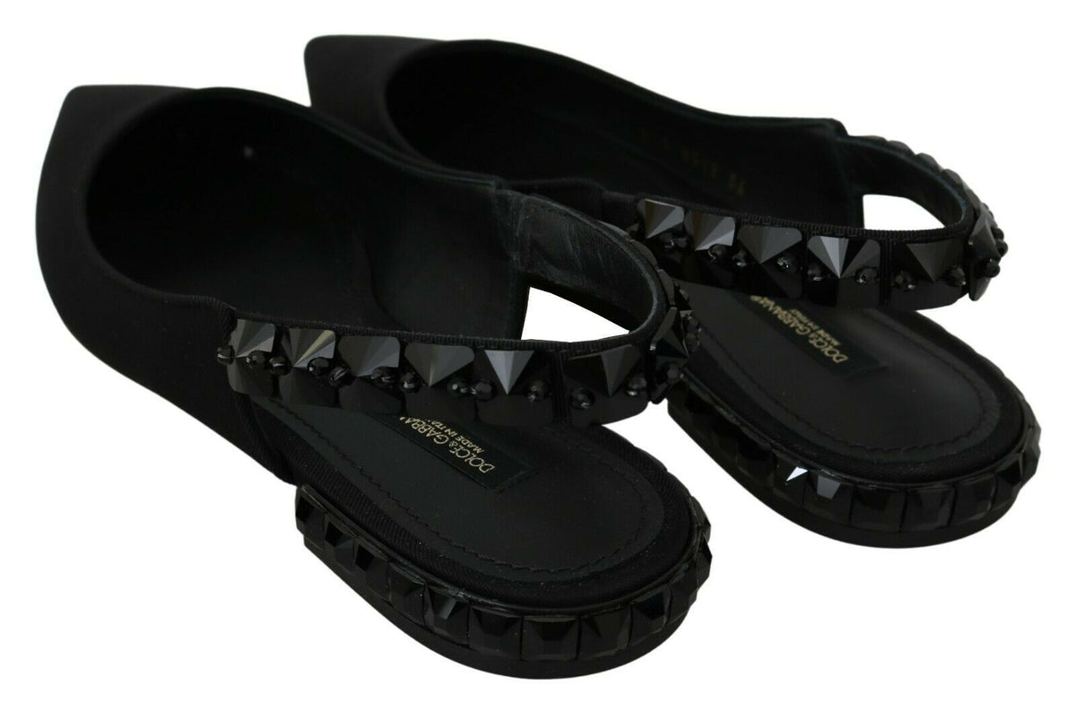 Dolce & Gabbana black slingback flats with charmeuse fabric, featuring a sleek and elegant design perfect for stylish footwear.