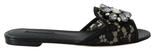Dolce & Gabbana Black Taormina Lace Slides Crystals Flats Shoes Dolce & Gabbana