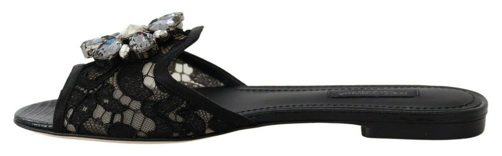Dolce & Gabbana Black Taormina Lace Slides Crystals Flats Shoes Dolce & Gabbana