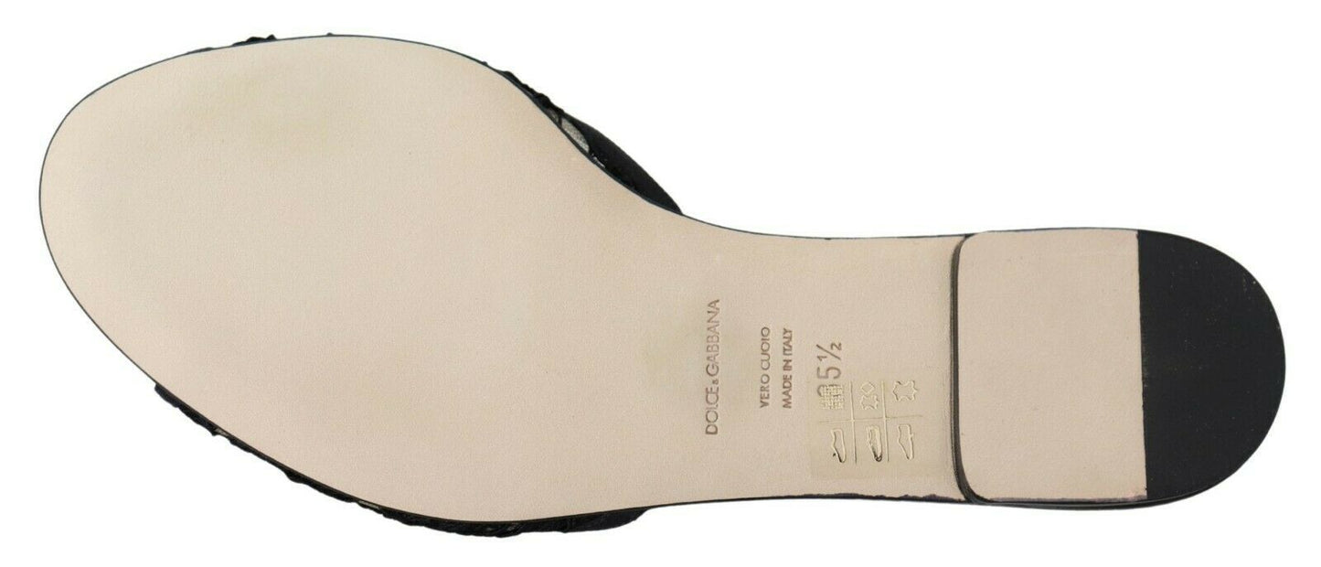 Dolce & Gabbana Black Taormina Lace Slides Crystals Flats Shoes Dolce & Gabbana