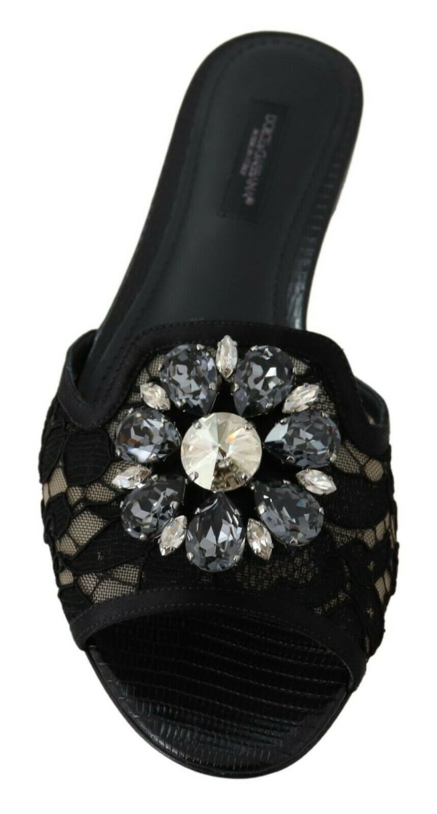 Dolce & Gabbana Black Taormina Lace Slides Crystals Flats Shoes Dolce & Gabbana