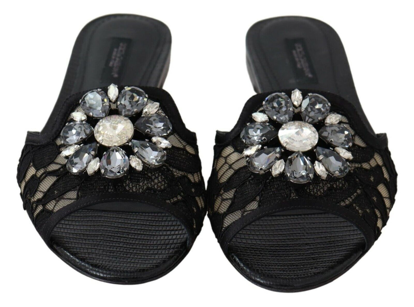 Dolce & Gabbana Black Taormina Lace Slides Crystals Flats Shoes Dolce & Gabbana