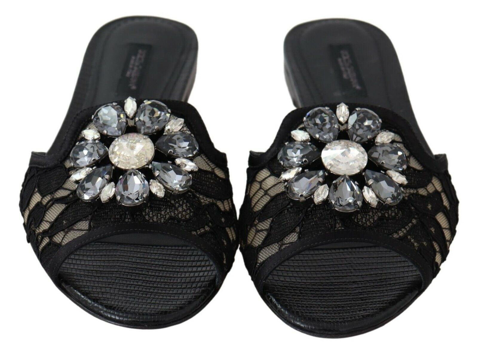 Dolce & Gabbana Black Taormina Lace Slides Crystals Flats Shoes Dolce & Gabbana