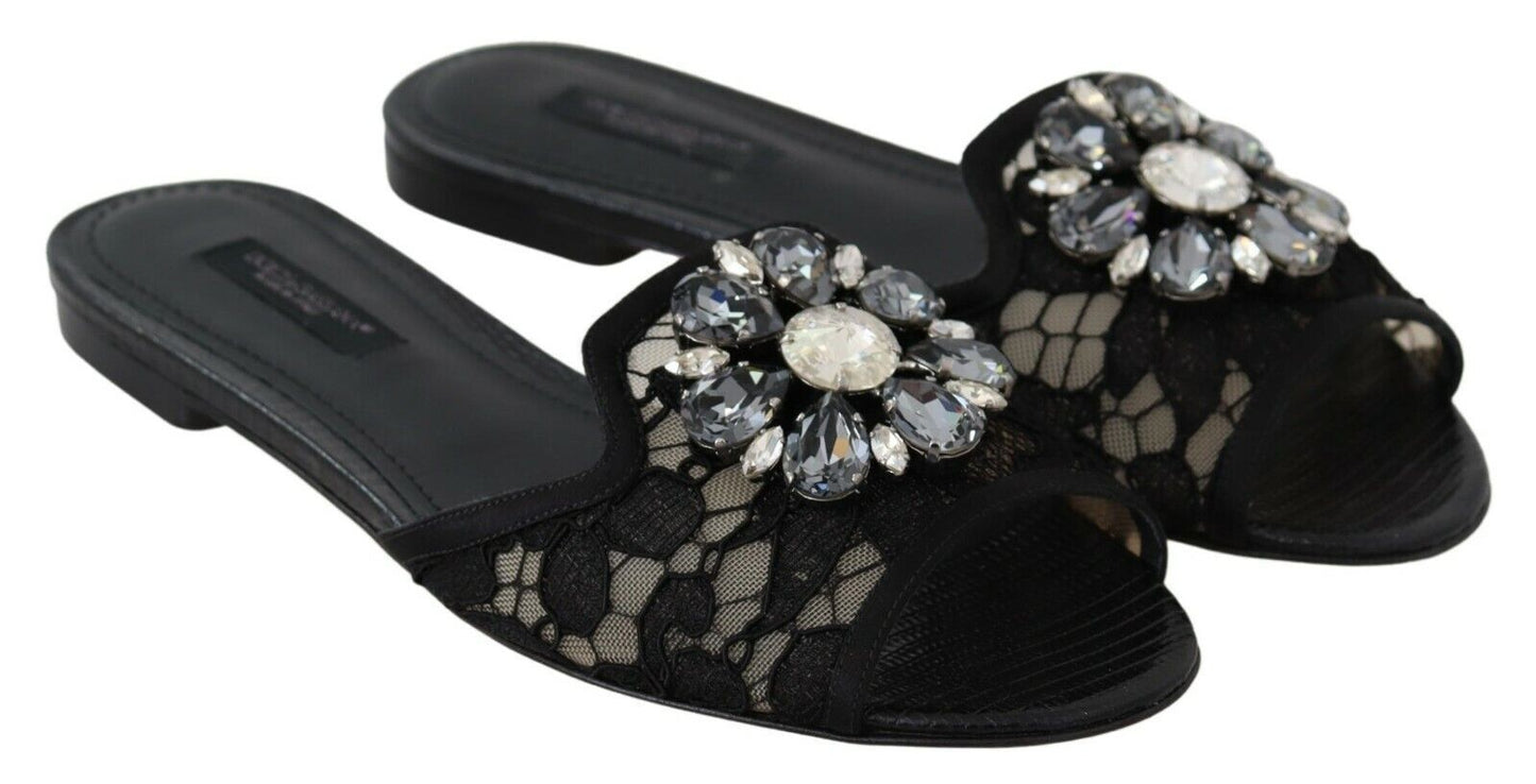 Dolce & Gabbana Black Taormina Lace Slides Crystals Flats Shoes Dolce & Gabbana