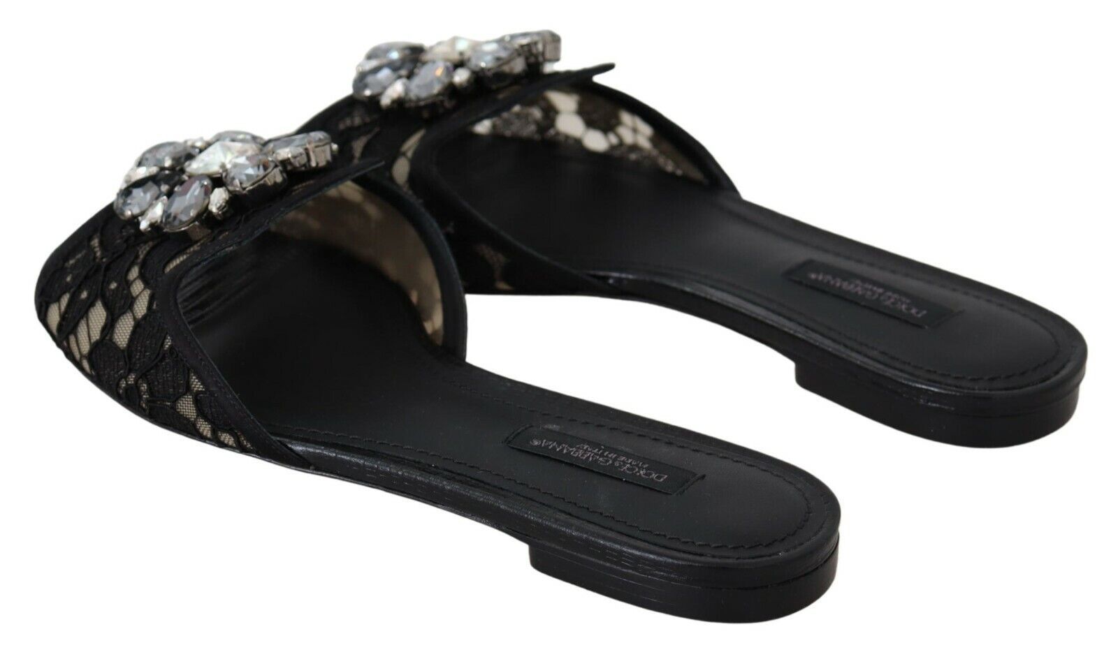 Dolce & Gabbana Black Taormina Lace Slides Crystals Flats Shoes Dolce & Gabbana