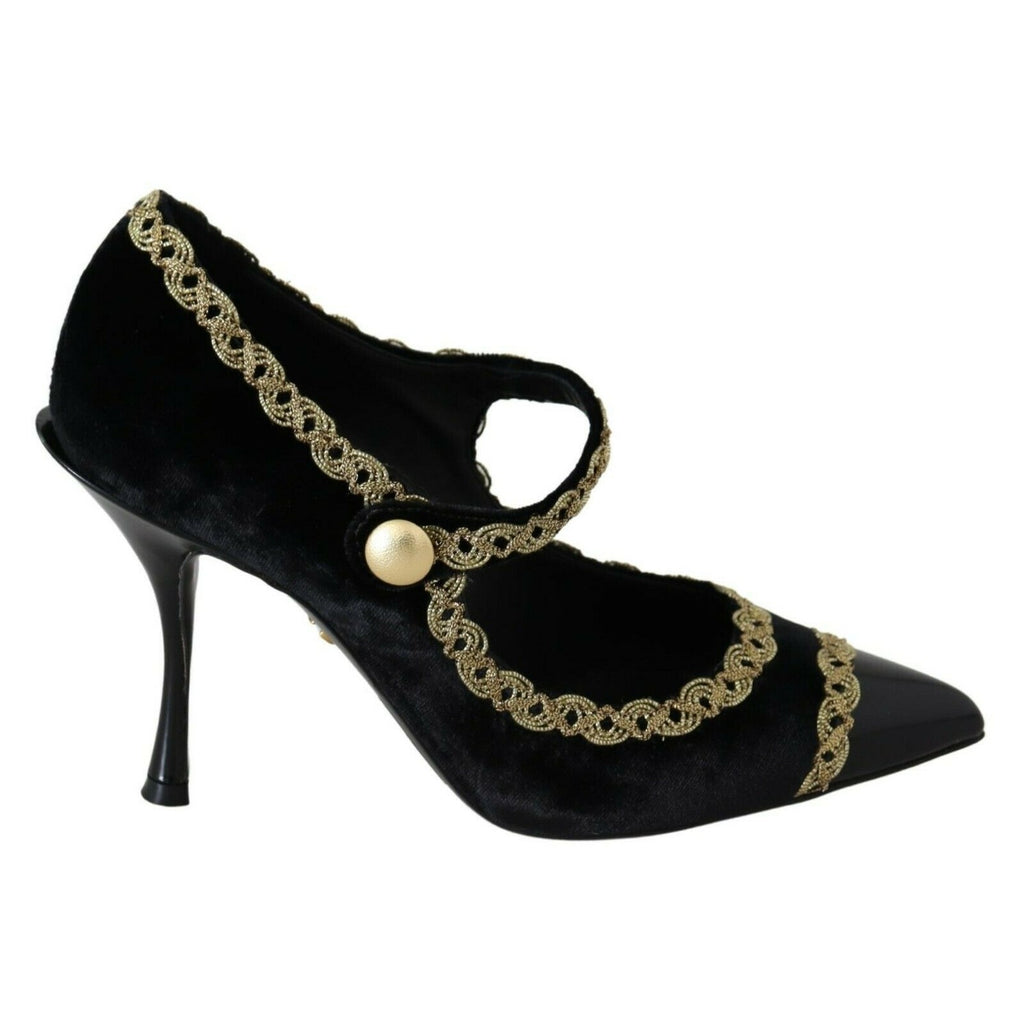 Dolce & Gabbana black velvet Mary Jane pumps with embellished detailing and a classic rounded toe.