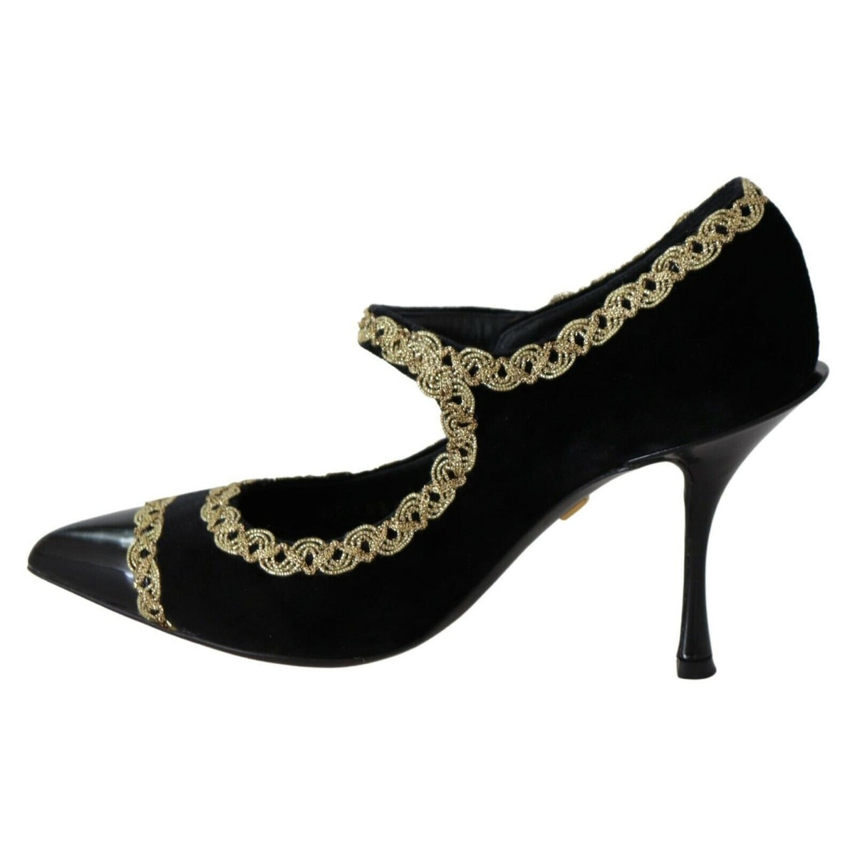 Dolce & Gabbana black velvet Mary Jane pumps with embellished detailing and a classic strap design.
