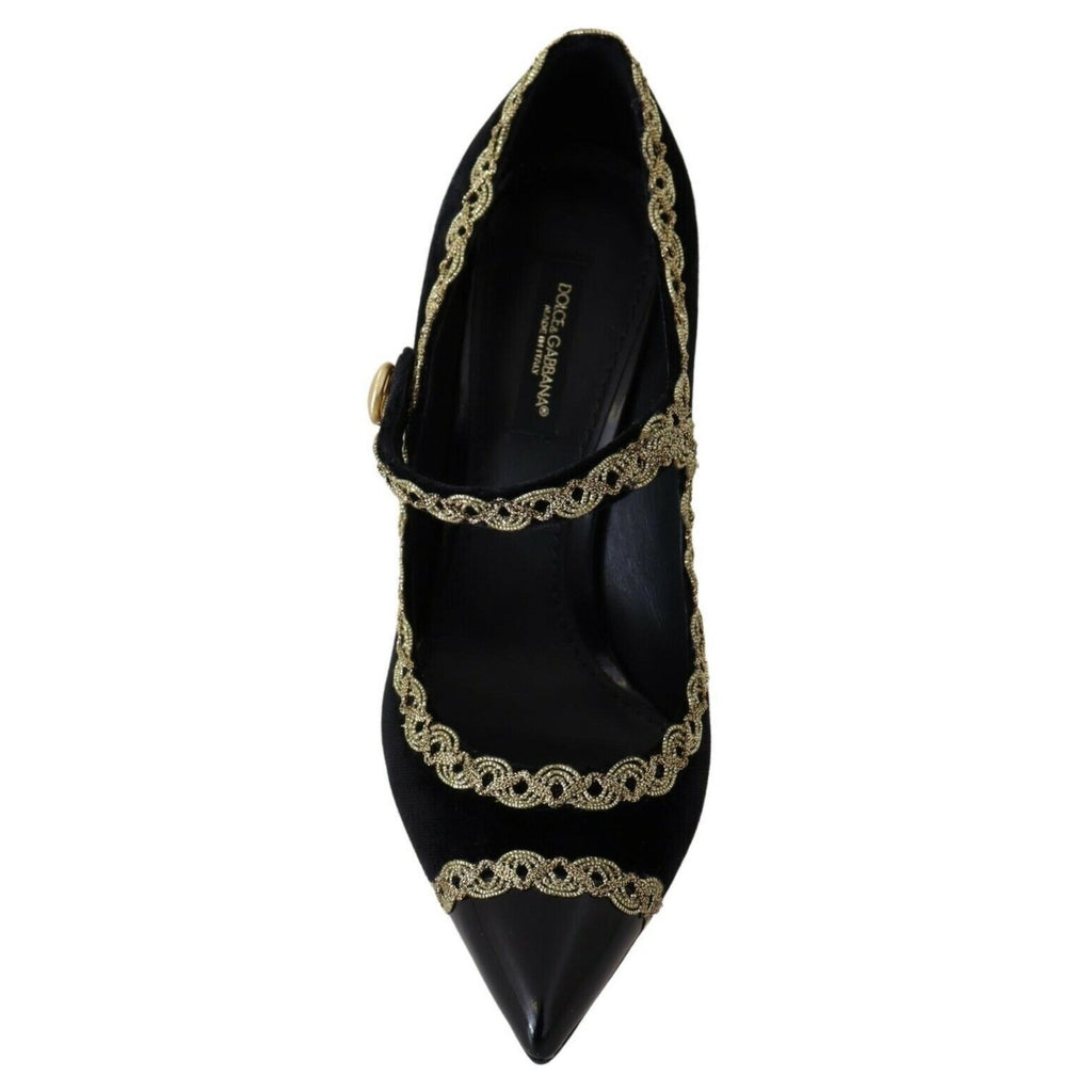 Dolce & Gabbana black velvet Mary Jane pumps with embellished details and chunky heel on elegant shoes display.