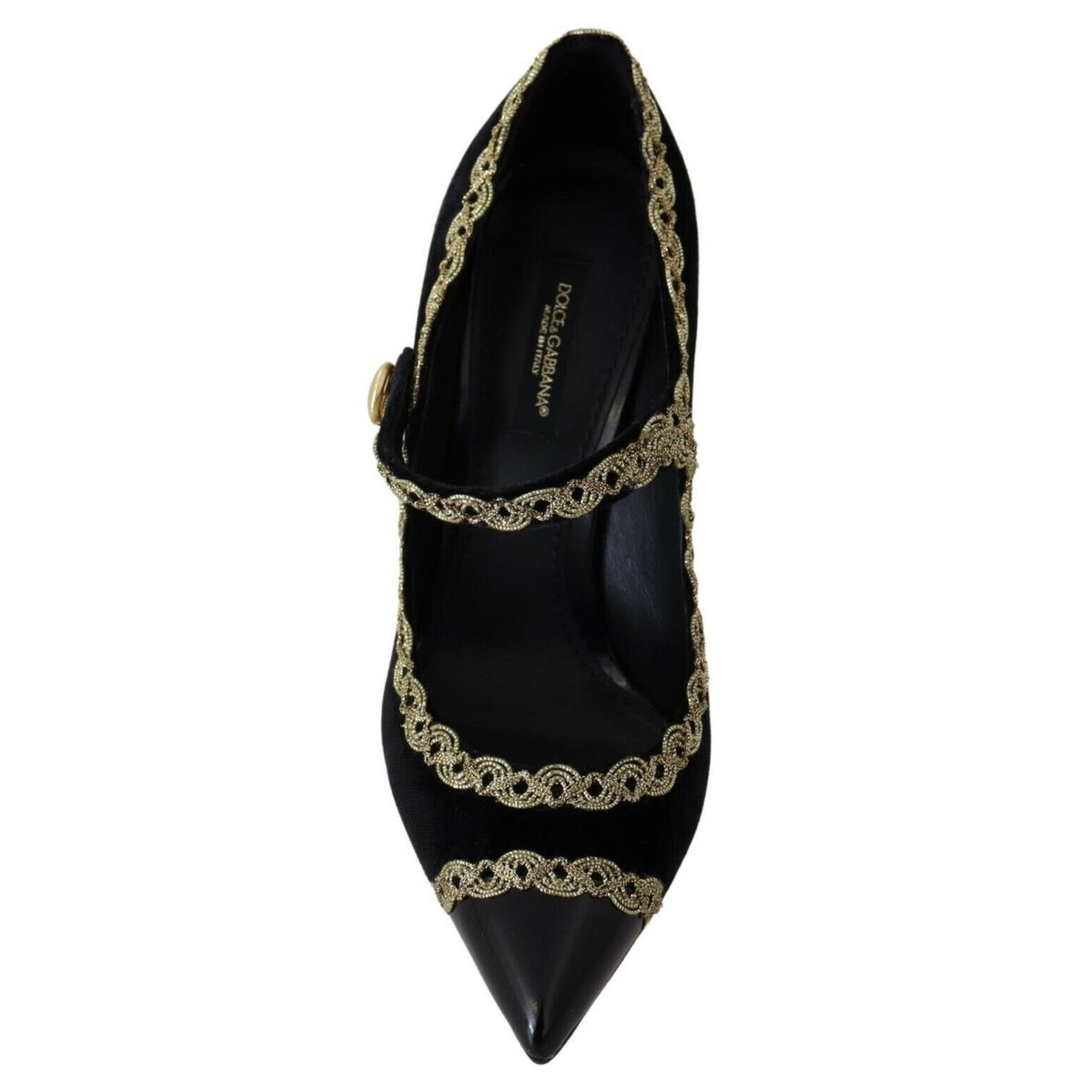 Dolce & Gabbana black velvet Mary Jane pumps with embellished details and chunky heel on elegant shoes display.